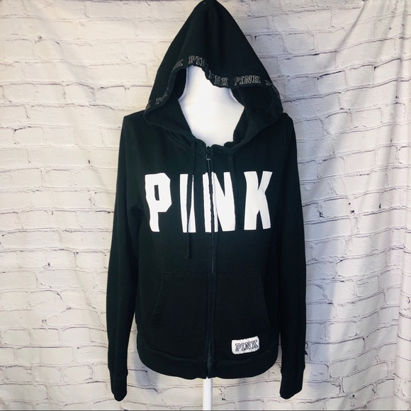 PINK Victoria's Secret Tops - PINK Black Zip Up Logo Hoodie Size L